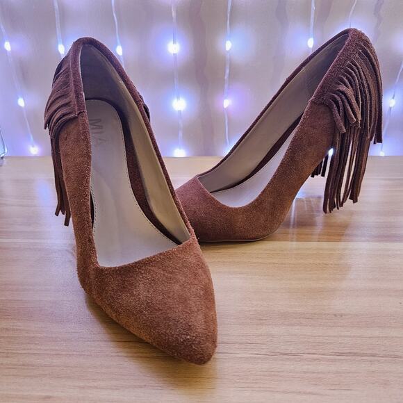 MIA Heels Womens Sz 9 1/2 Brown Madalyn Suede Fringe Stiletto Pointed Toe Pumps - Picture 1 of 7